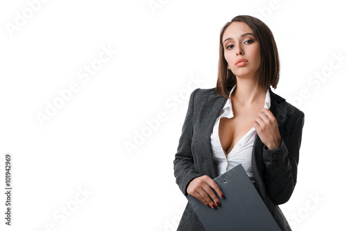 sexy business woman in a jacket on a naked body on a white background