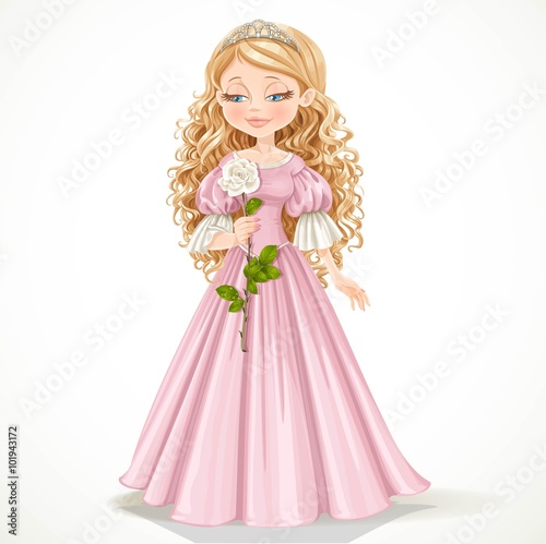 Beautiful modest princess in a pink dress and long hair admires