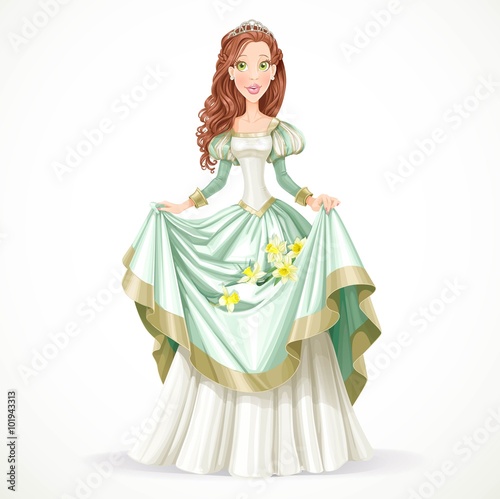 Beautiful princess with brown hair holds in her dress daffodils