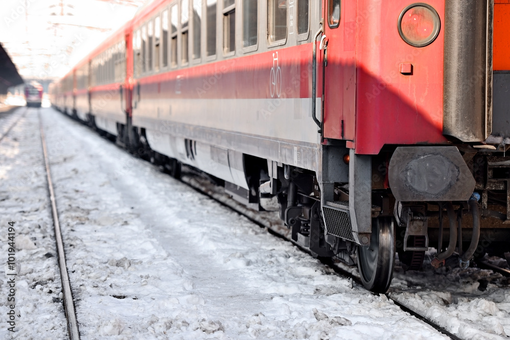 Naklejka premium Train in station in a winter day
