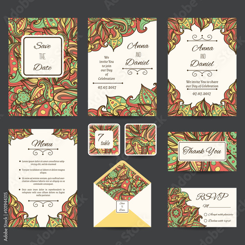 Full vector paisley wedding templates perfect for romantic design  weddings  announcements  greeting cards  posters and advertisement. RSVP and envelope templates are included.