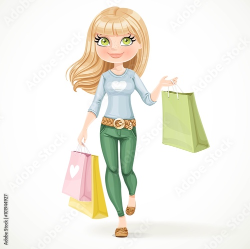 Shopaholic blond girl goes with paper bags isolated on a white b