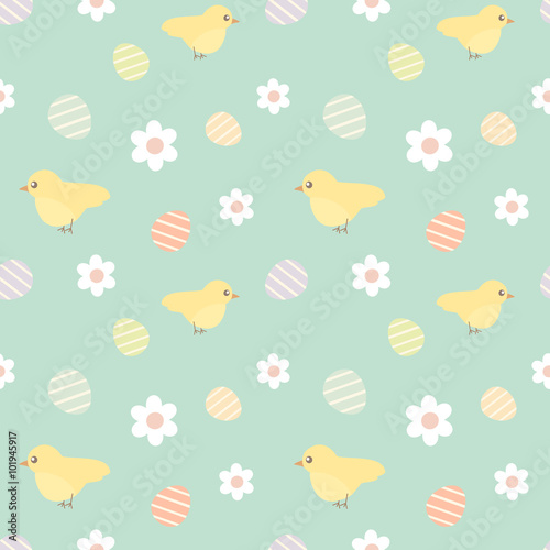 colorful easter seamless vector pattern background illustration with cute little yellow birds and eggs