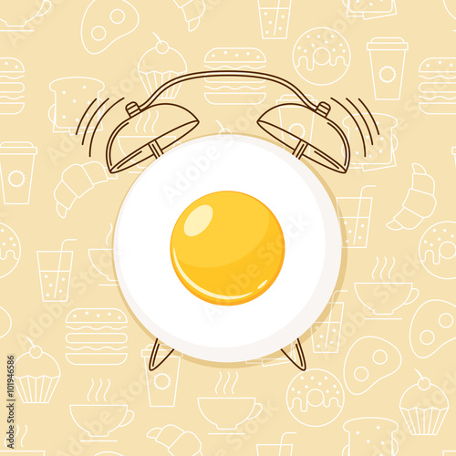 Fried egg and outline alarm clock on seamless background with linear food icons. Vector design for breakfast menu, cafe, restaurant.  Logo design template. Food background. 
