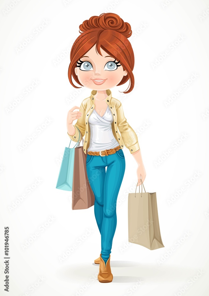 Shopaholic brunette girl goes with paper bags isolated on a white background Shopaholic brunette girl goes with paper bags isolated on a white background