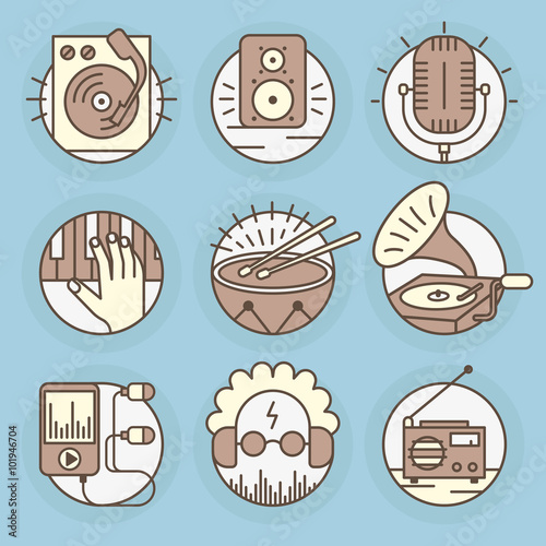 Set of music vector icons in modern linear style.