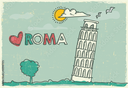 Hand drawing pisa tower on a Poster and Postcard