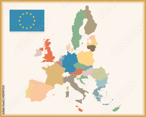 Vintage Political Map of European Union with EU flag
