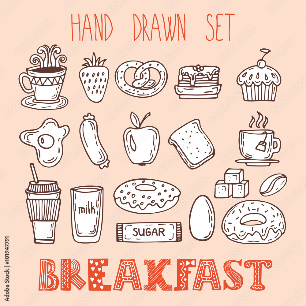 Collection of various sketches food and doodles elements. Hand d