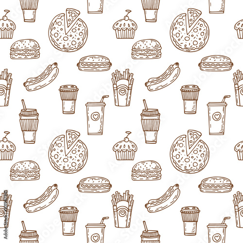 Fast food seamless pattern. Hand drawn food background. Backgrou