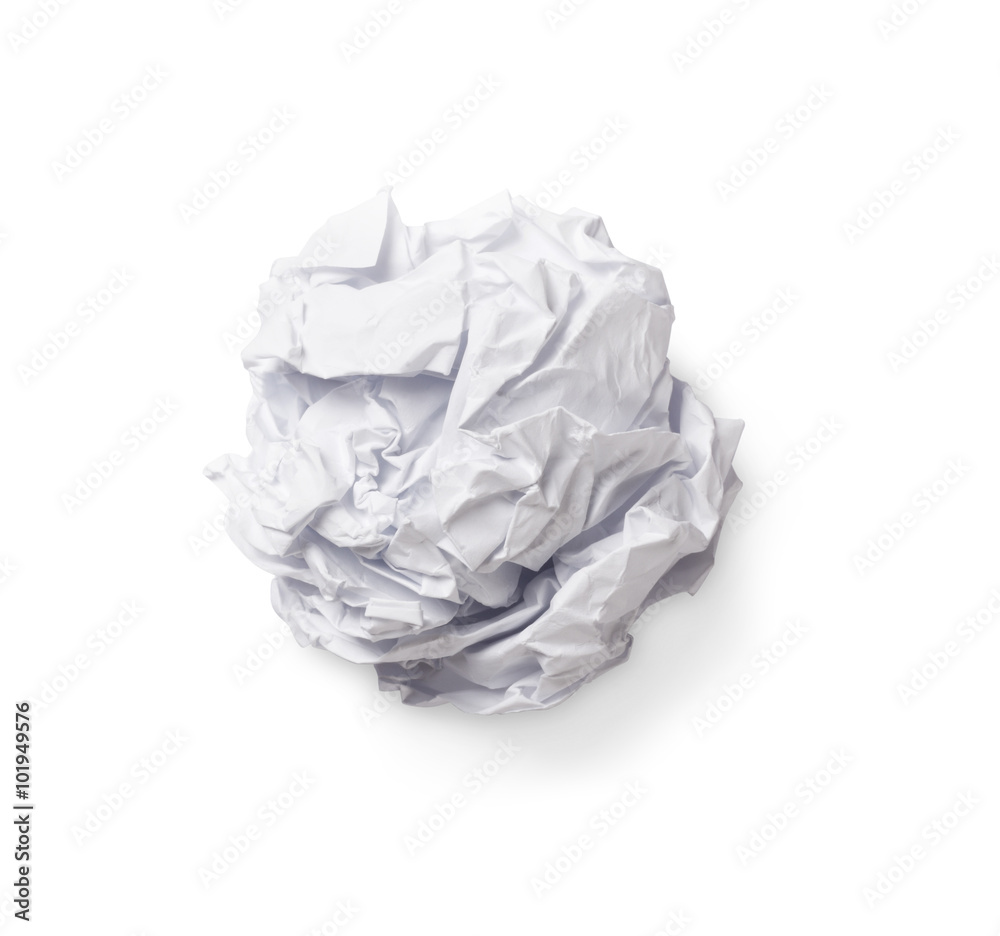 Isolated white crumpled paper ball with clipping  path