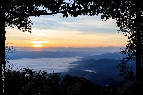 Sea of fog at dawn in the mountains north of Thailand.