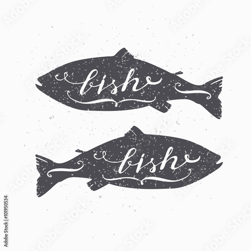 Hand drawn salmon fish hipster silhouette. Handwritten text. Seafood shop template