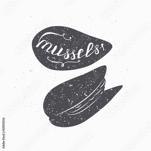 Hand drawn mussels hipster silhouette. Handwritten text. Seafood shop template