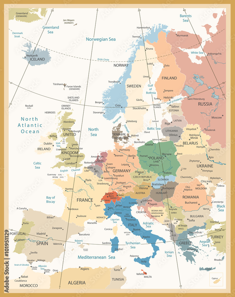 Political Map of Europe Retro Colors