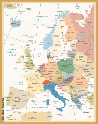 Fototapeta Naklejka Na Ścianę i Meble -  Political Map of Europe Retro Colors