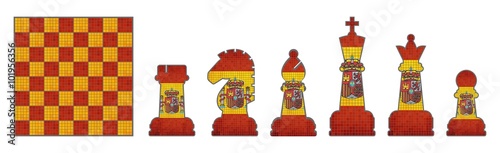 Chess pieces with Spain flag  - Illustration,
Chess Pieces Set. Chess pieces with grunge Spanish Flags. Kings, queens, knights, bishops, rooks and pawns. Chess pieces and 
games visuals