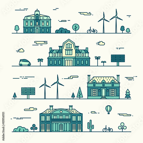Green city silhouette eco infographic element line