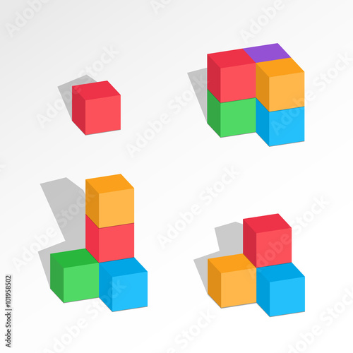 Set of cube combinations. Four  five  six blocks compositions. Association  union  join  building  logo  project  game symbol. Colorful icons with shadow. Vector