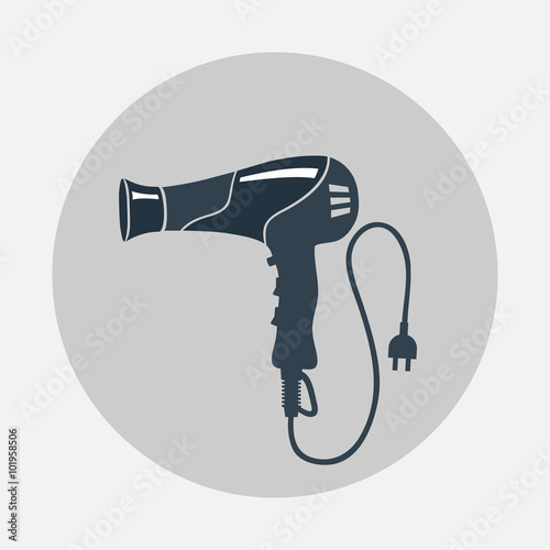 Hairdryer, blow dryer, two-pin plug icon. Professiona hairdresser tool symbol. Black sign on round gray flat button with shadow. Vector