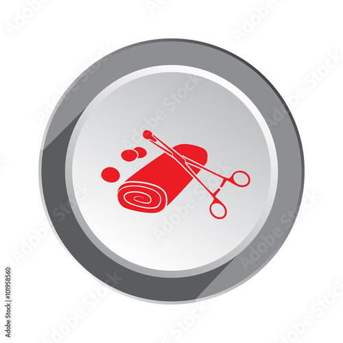 Medical forceps tool, tampons and bandage icon. Health, medicine symbol. Red sign on three-dimensional white-gray button with shadow. Vector