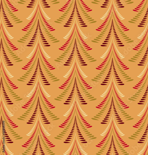 Seamless Christmas pattern. Firs, trees on orange background. Twist stylized ornament of laurel leaves. Winter, New Year, nature texture. Vector