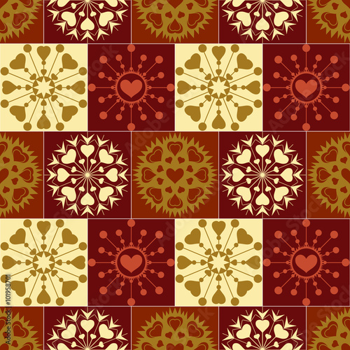 Christmas seamless pattern of heart snowflakes. New Year  Valentine day  birthday texture. Unusual stylized ornament. Brown  green  orange colored background. Winter  coffee  chocolate theme. Vector