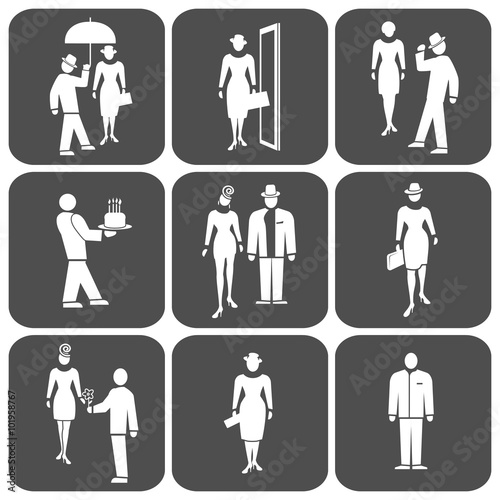 People icon set. Standing woman, man, waiter, boss. Office, business, welcome, greeting symbol. White sign on rectangular dark gray button. Vector