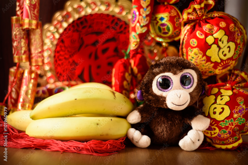 Chinese new year decorations. Chinese year of the monkey. Monkey and bananas.
