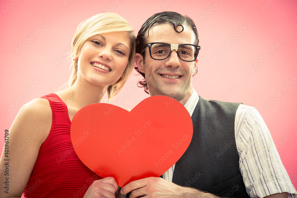 Nerd man boyfriend and girlfriend love portrait with heart for valentine day