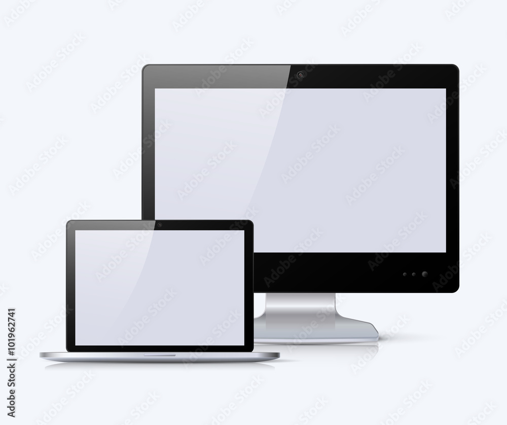 Black monitor and notebook with white screen Black monitor and notebook with white screen