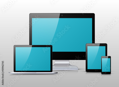 Black monitor, laptop, mobile phone and tablet PC with blue screen