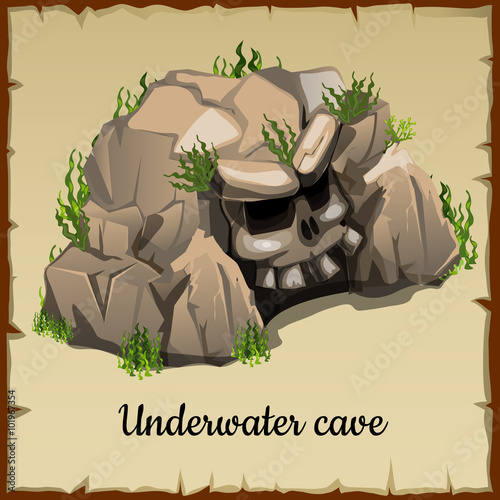 Scary underwater cave with the skull and grass