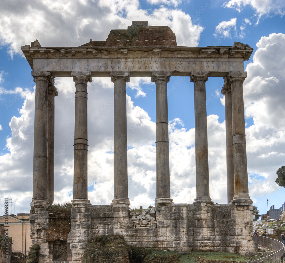 The ruins of the temple of Saturn in the Roman Forum in Rome, Italy.