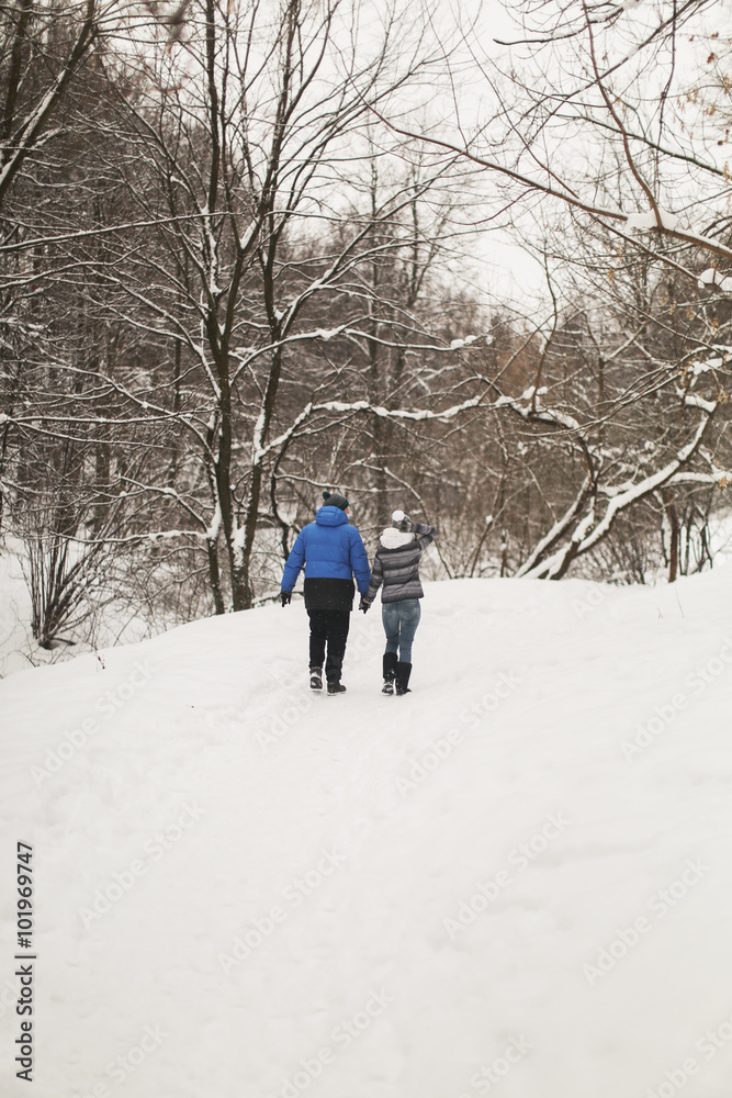 winter photo shoot in the style love story, Couple walks in the park