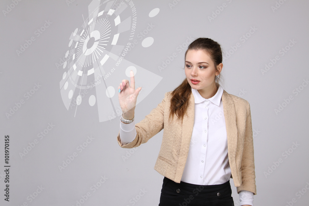 Future technology. Woman working with futuristic interface Future technology. Woman working with futuristic interface