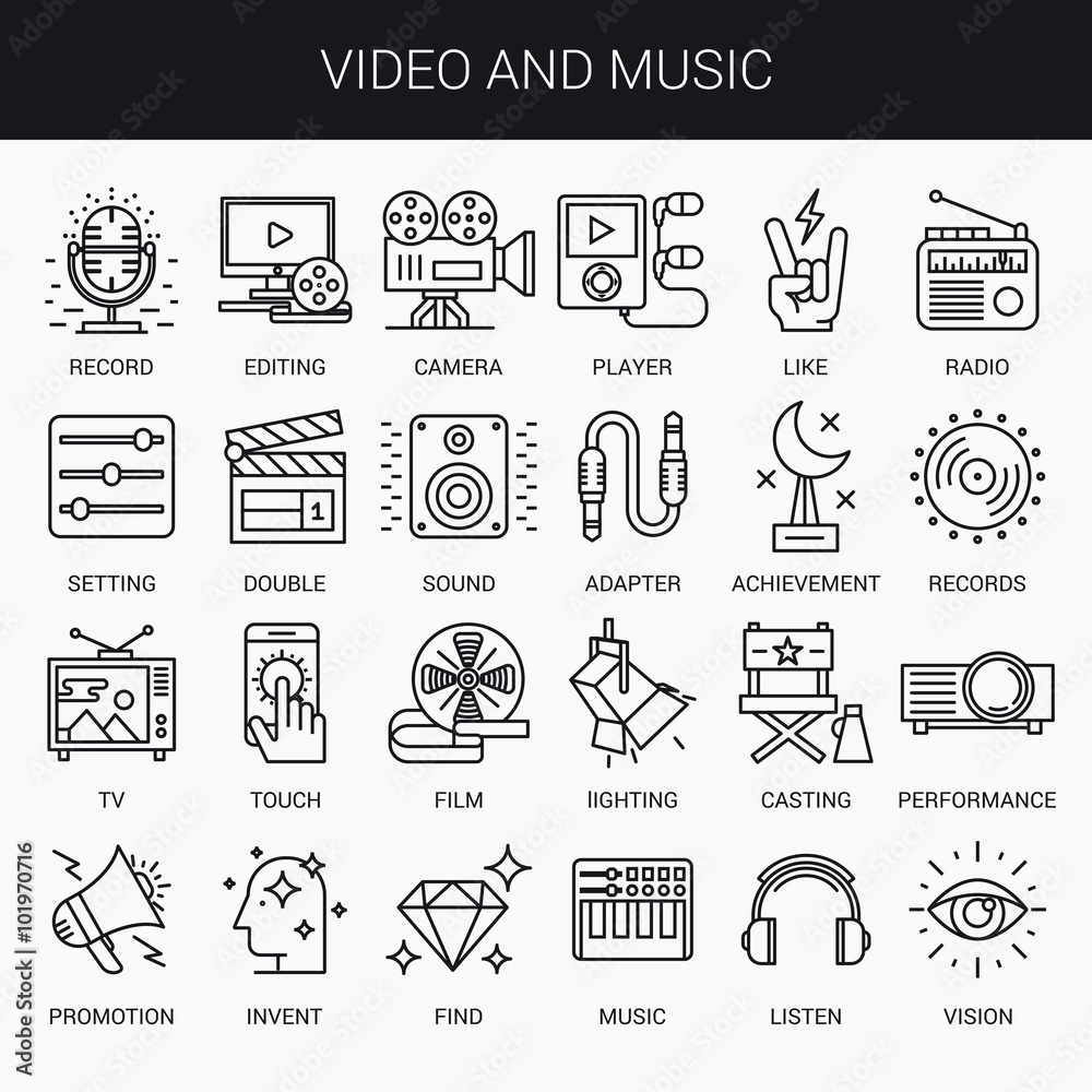 Fototapeta premium Simple linear icons in a modern style flat. Video and Music. Isolated on white background.