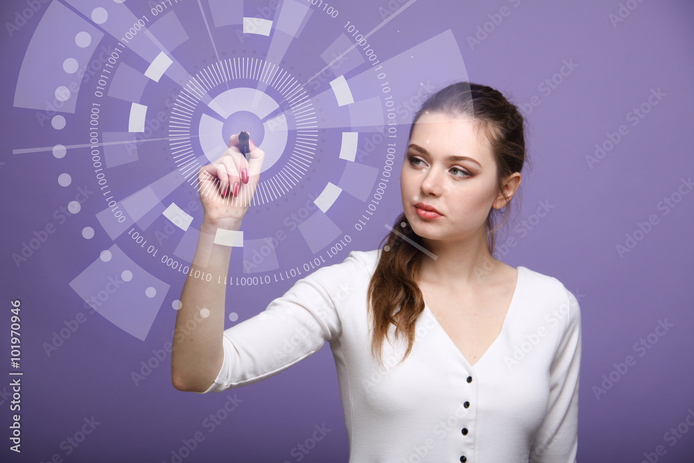 Future technology. Woman working with futuristic interface Future technology. Woman working with futuristic interface