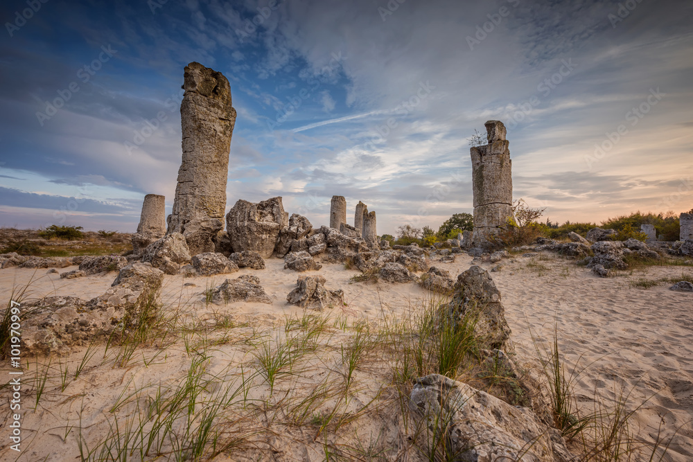 Stone Forest. 
Beautiful view before sunset with the famous rock formation Stone Forest near Varna, Bulgaria.