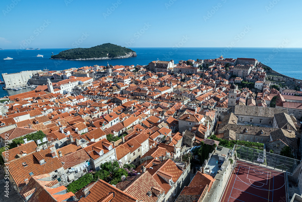 Aerial view from Walls of Dubrovnik with Lokrum island on background, Croatia