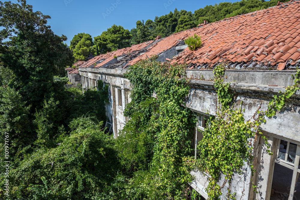 Abandoned hotel in former Tourist Complex of Kupari village, Croatia