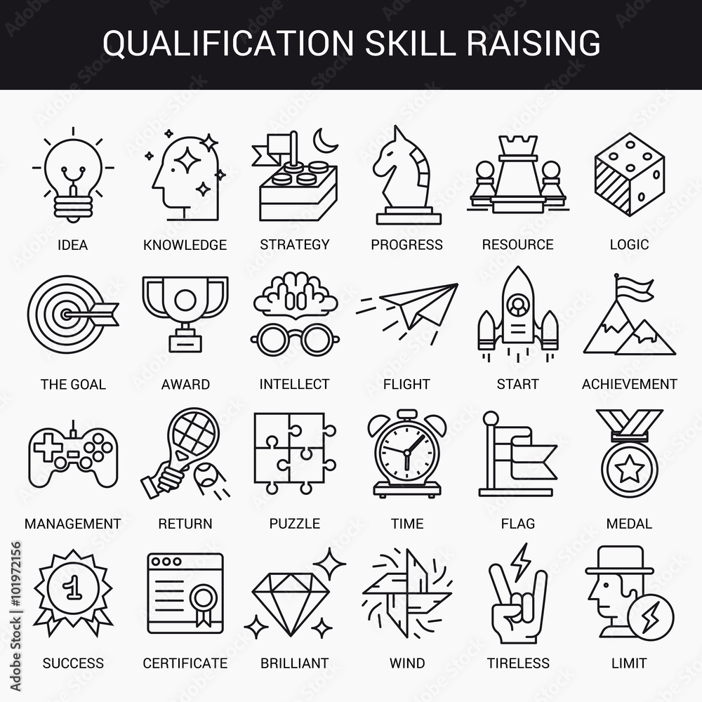 Simple linear icons in a modern style flat. Advanced Training and Skills Leveling. Isolated on white background.