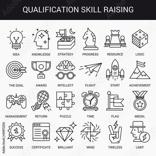 Simple linear icons in a modern style flat. Advanced Training and Skills Leveling. Isolated on white background.