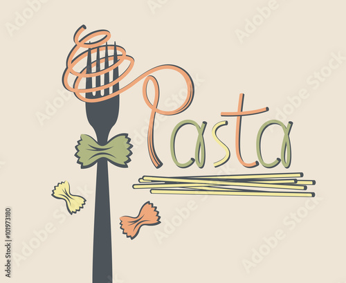 illustration of fork with pasta as text