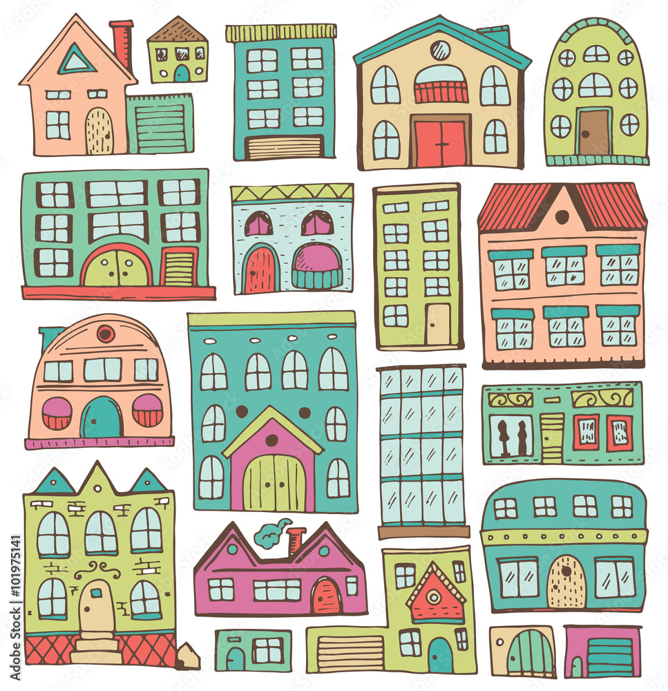 Sketch set of houses in doodle style