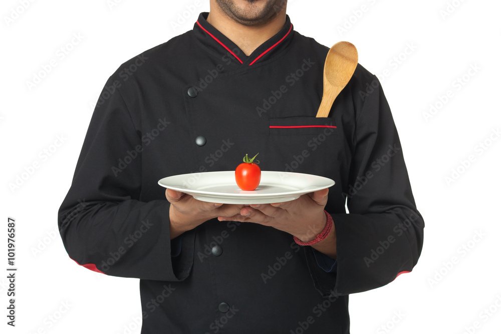 Afro American professional cook holding plate - isolated on whit Afro American professional cook holding plate - isolated on whit