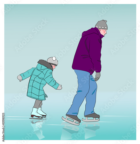The little girl at the rink wants to overtake the big man.