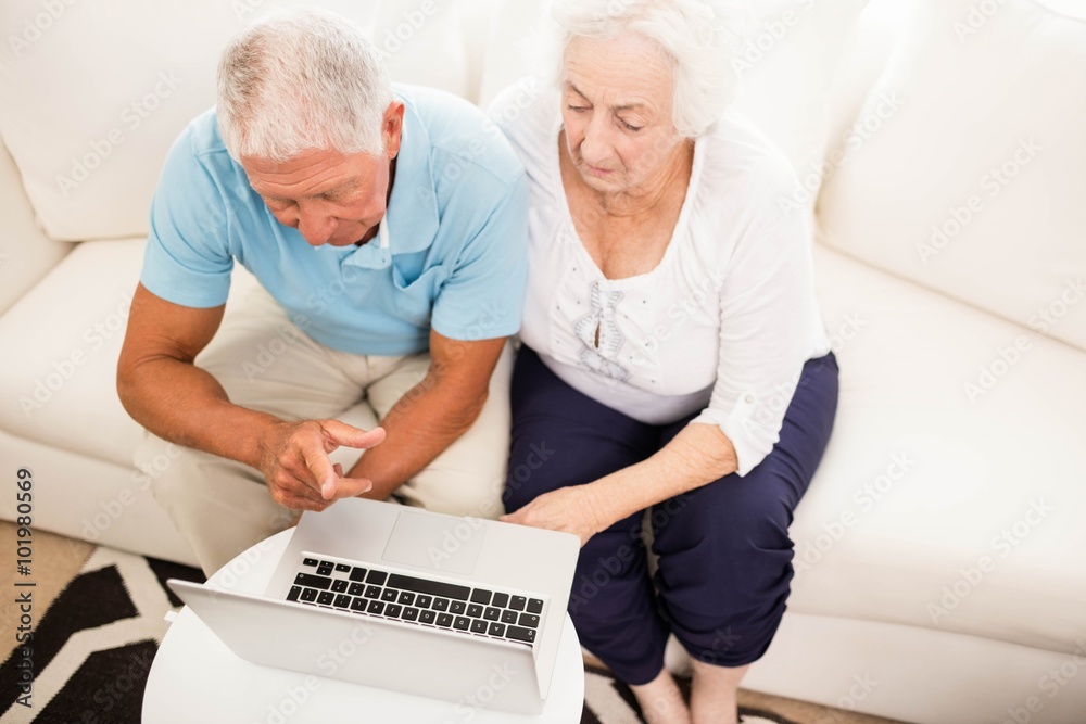 Obraz premium Smiling senior couple using laptop