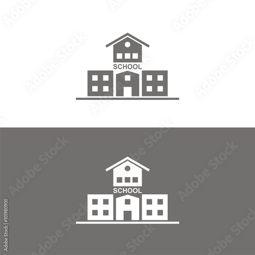 Icono de un edificio escolar sobre fondos blanco y negro. Educación y colegio