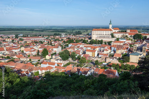 Aerial view from Holy Hill on Mikulov town in Czech Republic with Mikulov Castle photo